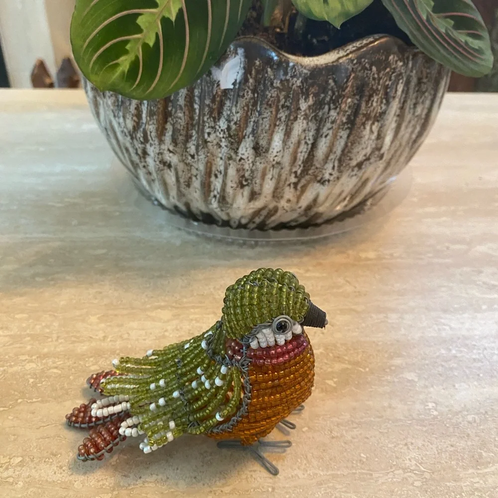 Handcrafted Beaded Bird Figurine - Green, Orange, Brown very realistic